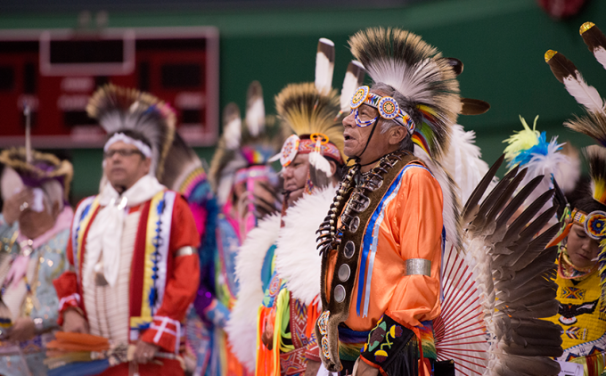 Tribal elders in ceremonial dress at the 2018 Buder Center Powwow