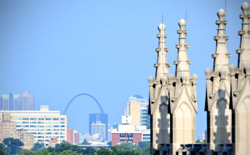 A view of the St. Louis skyline over Brown Hall
